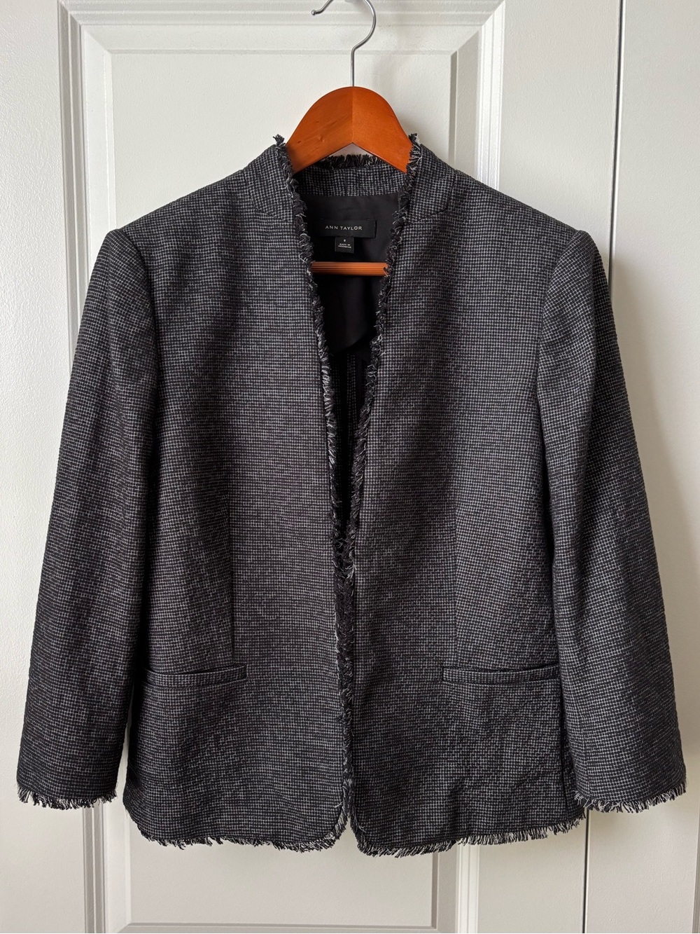 Ann Taylor Open-Front Blazer Jacket Kiss-Front Style Fringed Trim